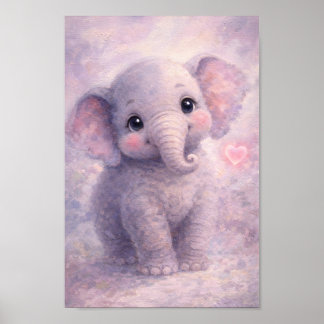Poster Elefante Bebê Coração Rosa Pintura a Óleo de Arte