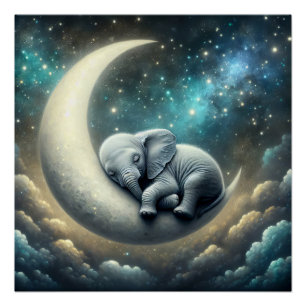 Pôster Elefante Bebê Dormindo Na Lua Crescente