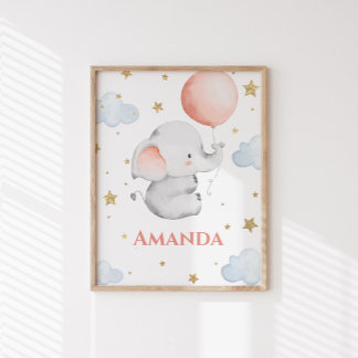 Pôster Elefante Bebê Personalizado Nome Customizado