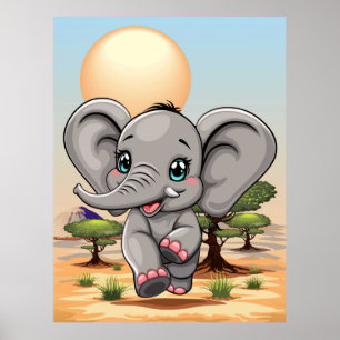 Poster Elefante Bebê Pulando Feliz em Savana Africana