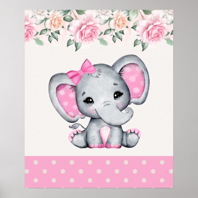 Poster Elefante-bebê rosa-branca e borda-Rosa (Frente)