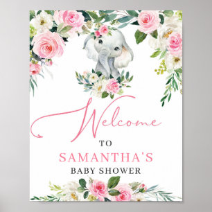 Poster Elefante bonito, chá de fraldas floral rosa pincel