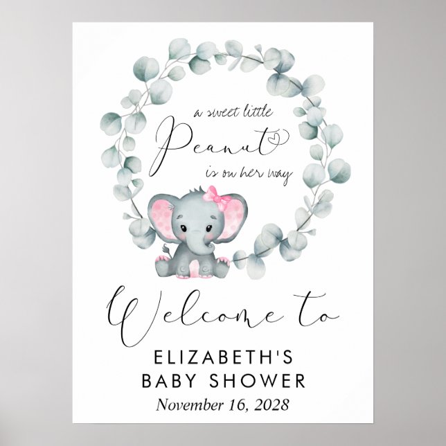 Poster Elefante Bonito Eucalyptus Baby Girl Chá Bem-vindo (Frente)