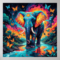 Elefante Colorido Psicodélico e Borboletas