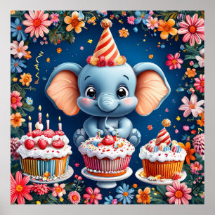 Poster Elefante com Bolo e Balões Arte Festa Infantil