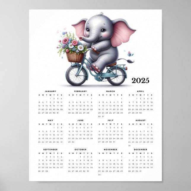 Poster Elefante Cute Andando em um Calendário de Parede d (Frente)