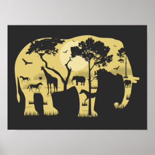 Poster Elefante da Savana Africana Árvore Acácia Pôr do S