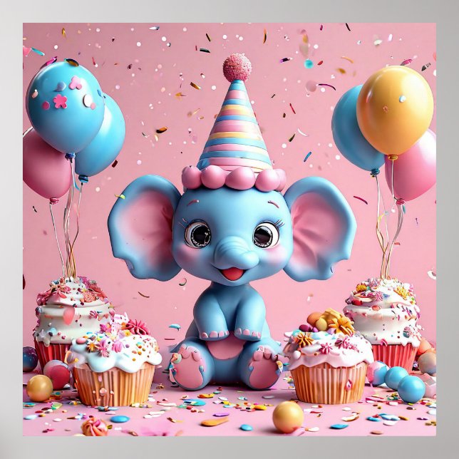 Poster Elefante de aniversário com bolo e balões (Frente)