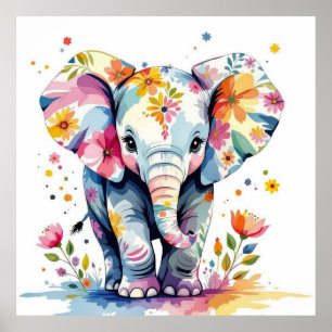 Poster Elefante De Aquarela Floral