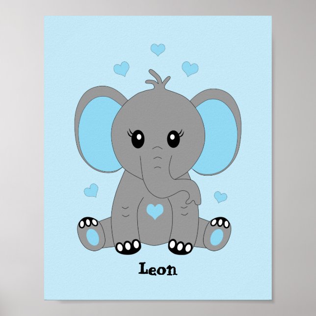 Poster Elefante de bebê bonito em azul para meninos (Frente)