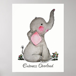 Pôster Elefante De Bebê Cinto De Água Com Blush E Flores