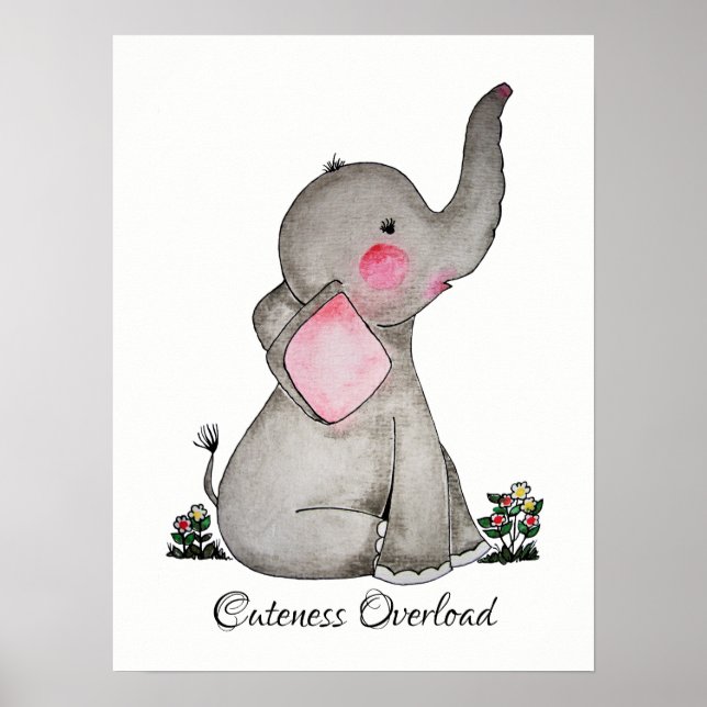Pôster Elefante De Bebê Cinto De Água Com Blush E Flores (Frente)