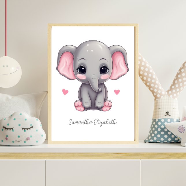 Poster Elefante de Cinza Rosa de Enfermeira Personalizada (Personalized Pink elephant Nursery wall Art poster.  Baby Shower gift for baby girl. Add her name)