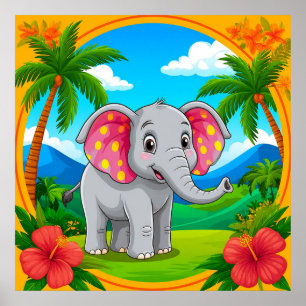 Poster Elefante de Desenho Animado Colorido em Paisagem T