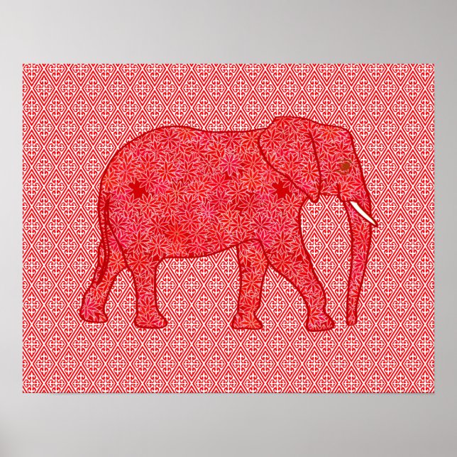 Poster Elefante de flor - vermelho profundo e coral (Frente)