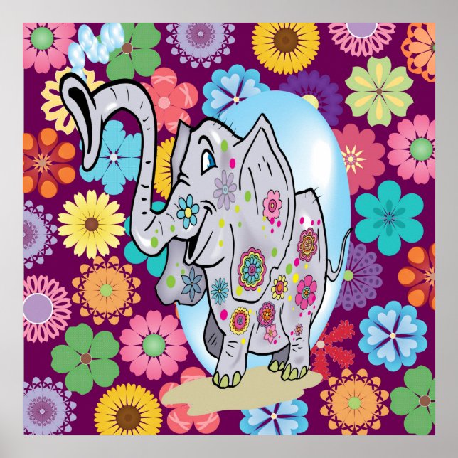 Poster Elefante de Hippie bonito com flores coloridas (Frente)