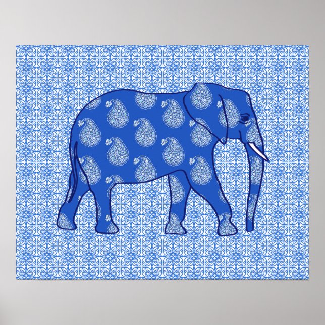 Pôster Elefante de Paisley - azul de cobalto e branco (Frente)