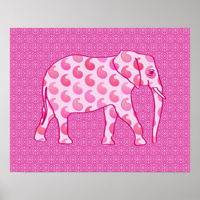 Poster Elefante de Paisley - rosa-gelo e fuchsia (Frente)