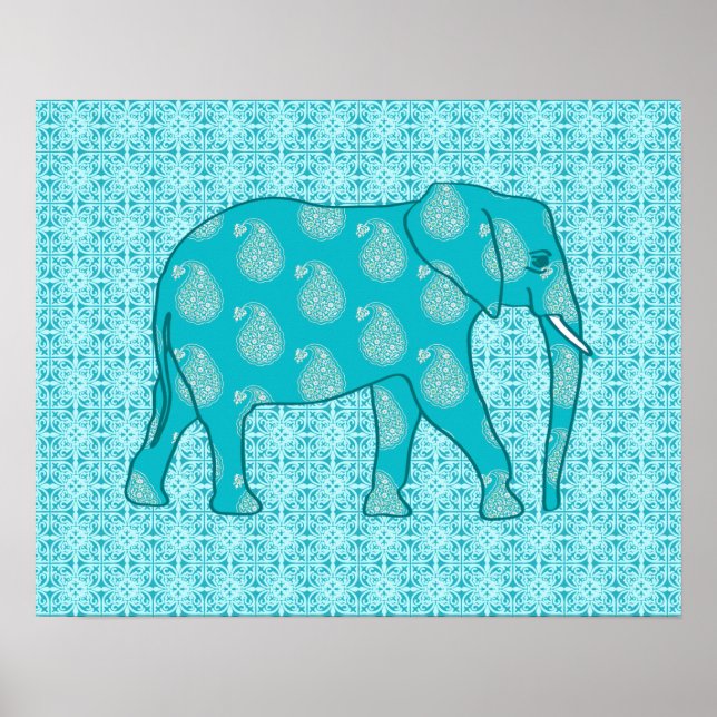 Poster Elefante de Paisley - turquesa e aqua (Frente)