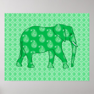 Pôster Elefante de Paisley - verde e branco de jade