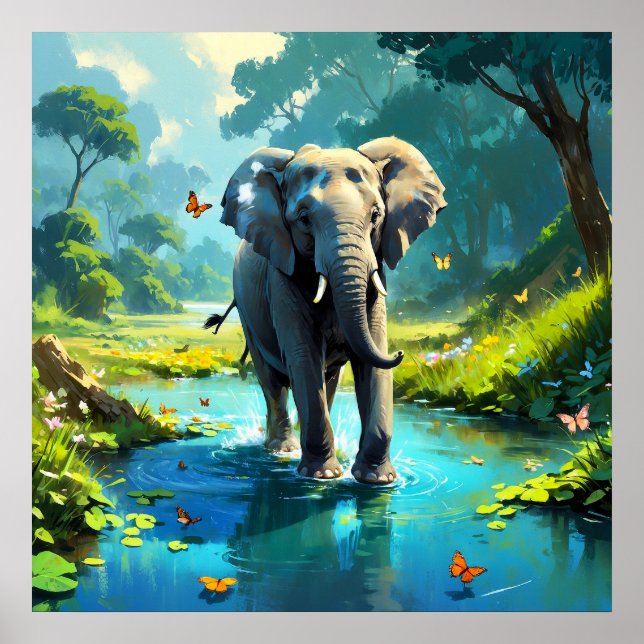 Poster Elefante de Sonho com Borboletas no Rio (Frente)