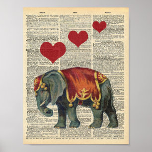 Poster Elefante do Circo Vintage e corações no dicioná
