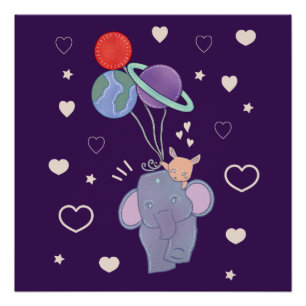 Pôster Elefante e Coelho no Balão Espacial Caprichoso