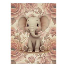 Pôster Elefante e Floral em Pastel Suave
