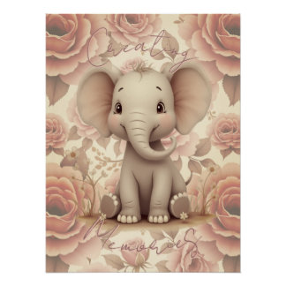 Pôster Elefante e Floral em Pastel Suave