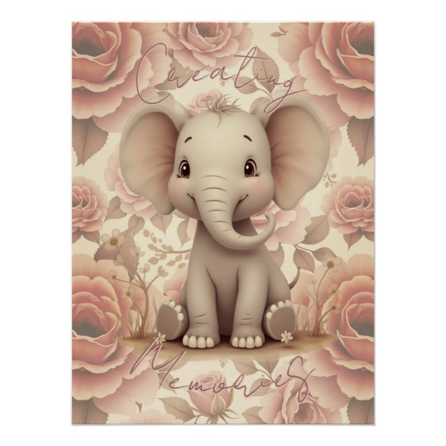 Pôster Elefante e Floral em Pastel Suave (Frente)