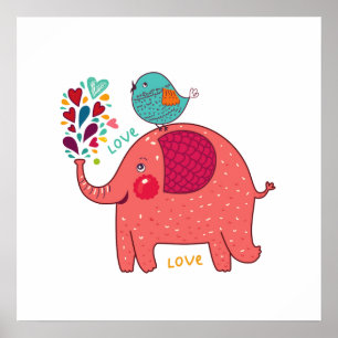 Pôster Elefante e pássaro vermelhos