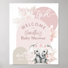 Poster Elefante é uma menina Boho Floral Pink Chá de fral