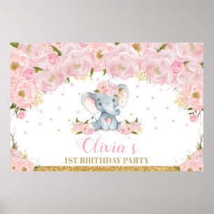 Poster Elefante Floral Faixa de Fundo de Aniversário de 1
