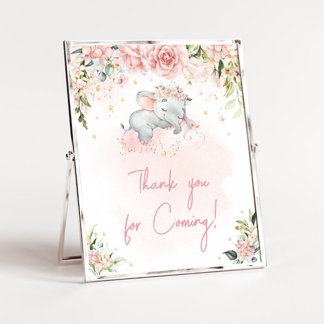 Poster Elefante Floral Rosa Obrigado por vir (Pink Floral Sleeping Elephant Baby Shower Thank you for Coming Sign)