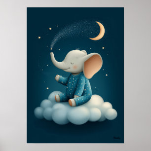 Poster Elefante Fofo em Nuvem Berçário Hora de Dormir