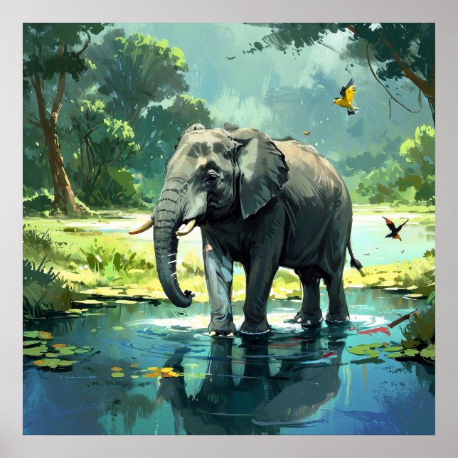 Poster Elefante Incrível em Rio com Pintura de Aves (Frente)
