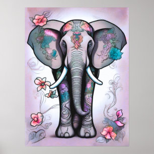 Poster Elefante Indiano cinza Incorporado com Flores