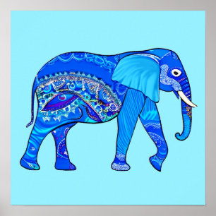 Poster Elefante Indiano em Padrão Árabe Azul