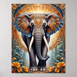 Poster Elefante indígena santo sobre padrão étnico e flor