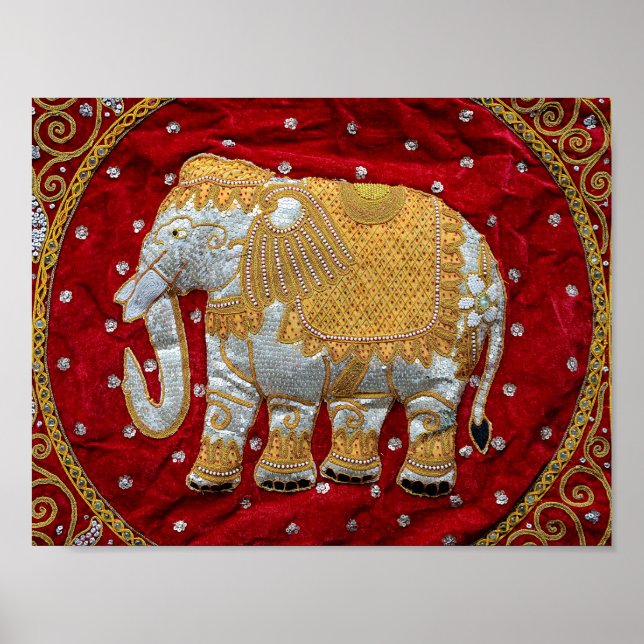 Poster Elefante Indígena Vermelho e Dourado embelezado (Frente)