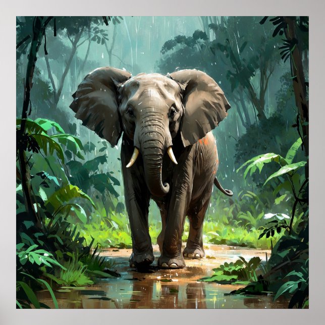 Poster Elefante Jovem Incrível sob Chuva na Selva (Frente)
