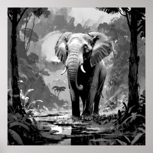 Poster Elefante majestoso preto e branco na arte da selva