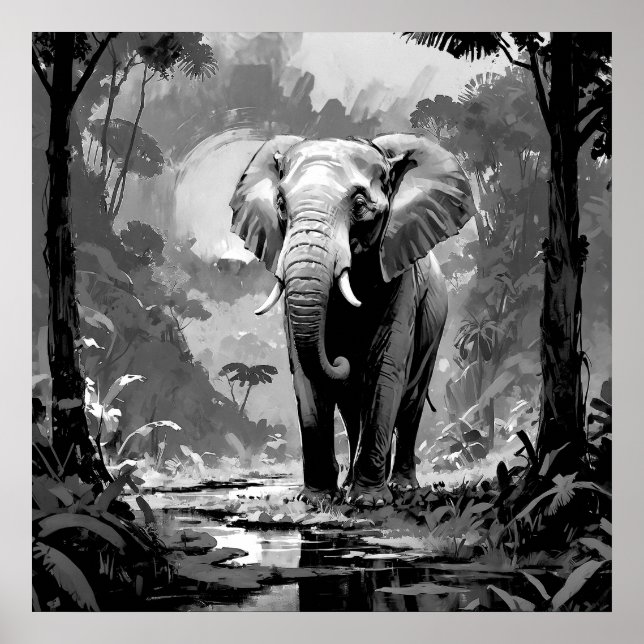 Poster Elefante majestoso preto e branco na arte da selva (Frente)