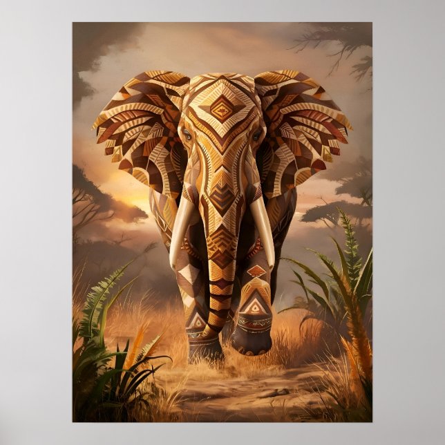 Poster Elefante Majestoso Tribal ao Brilho Sunset (Frente)