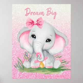 Poster Elefante Menina Brilho Rosa Sonho Fofo Grande