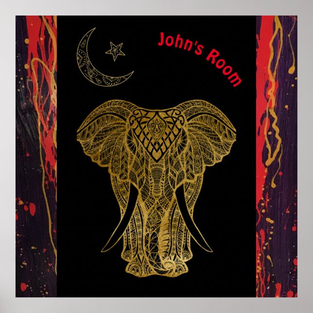 Poster Elefante ouro com espirais vermelhas. Nome editáve (Frente)