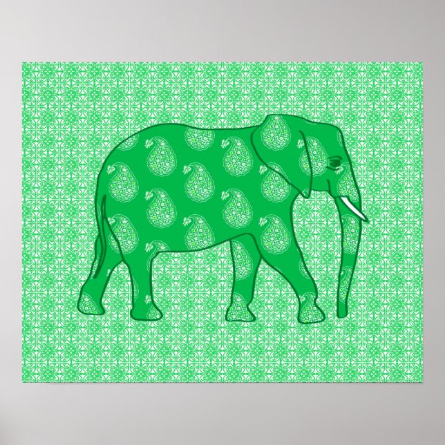 Pôster Elefante Paisley - verde-jade e branco (Frente)