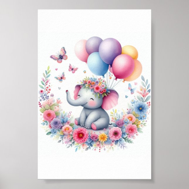 Poster Elefante Para Bebê De Aquarela Com Balões E Flores (Frente)