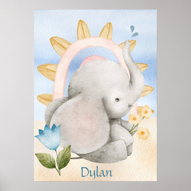 Poster Elefante Personalizado, Animais Bebês, Boho, Arco- (Frente)