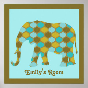 Pôster Elefante Personalizado Verde Oliva Azul Dourado
